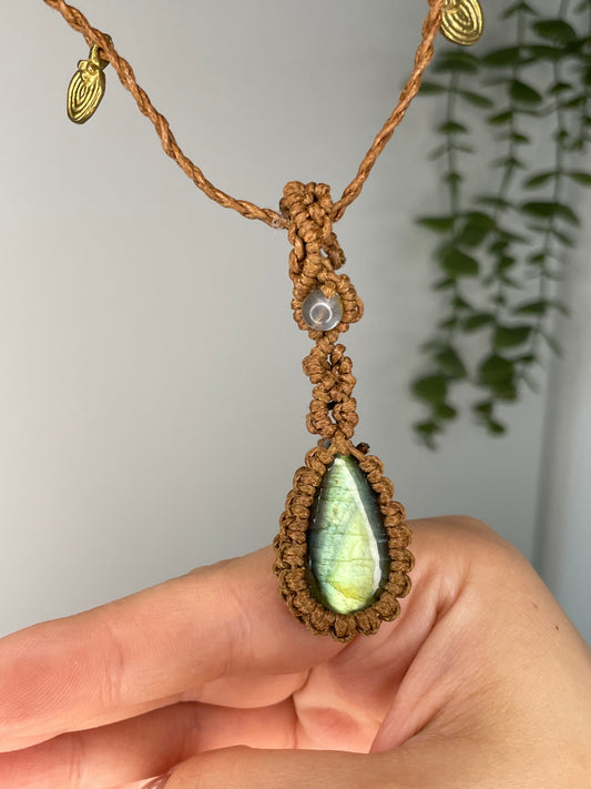 Handcrafted Fire Labradorite Macrame Pendant by “The Macrame Goddess”