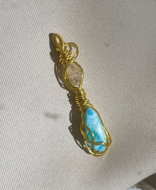 Larimar X Herkimer Diamond Wire Wrapped Double Pendant