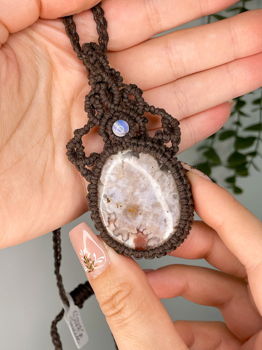 Handcrafted Flower Agate Macrame Pendant by “The Macrame Goddess”