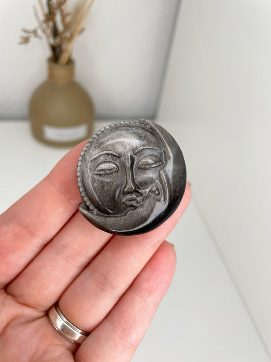 Silver Sheen Obsidian Moon Carving